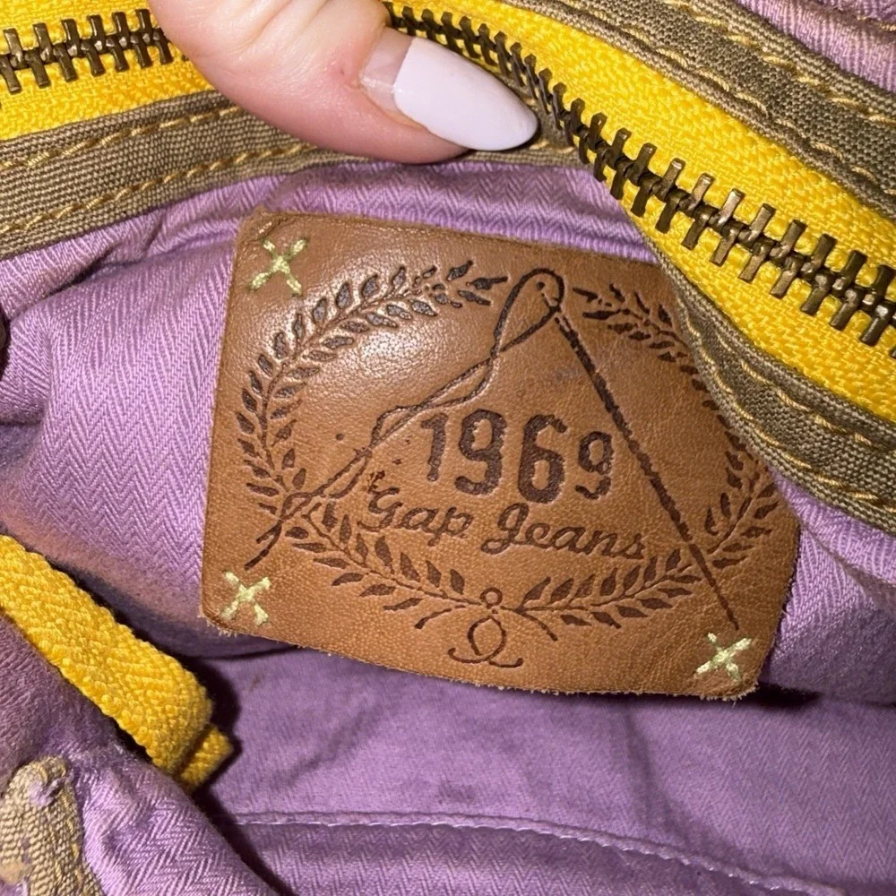 VTG GAP Jeans 1969 Hobo Buckle Shoulder Bag Brown Yellow Leather Canvas Purse